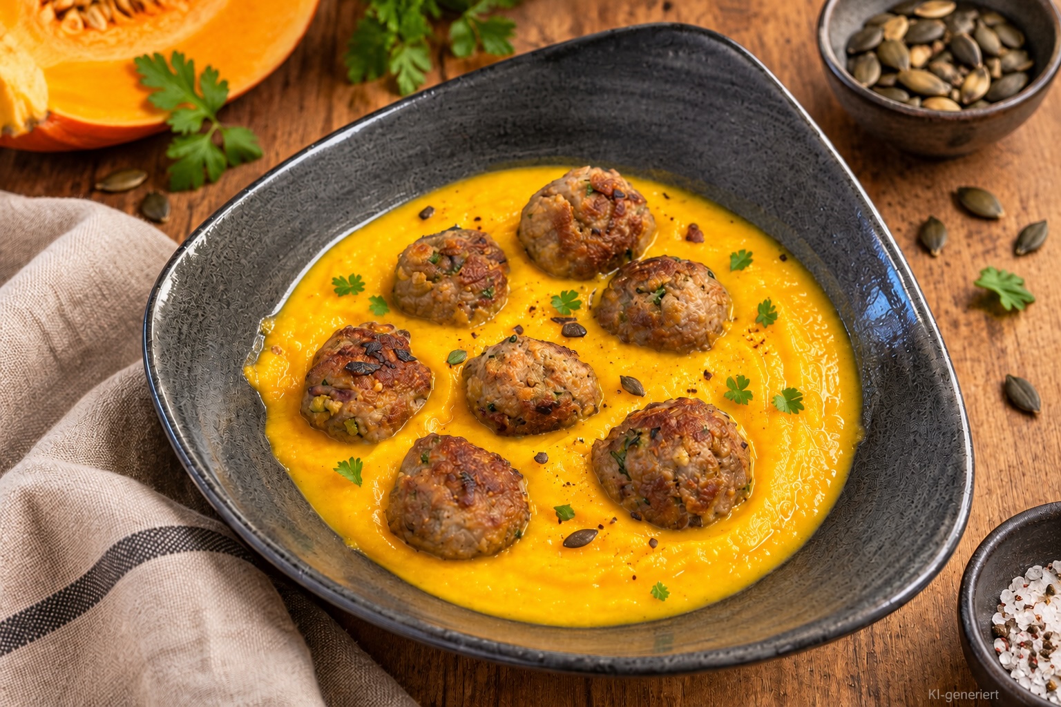 Glutenfreies Kürbispüree mit Fleischbällchen, laktosefrei nach Wahl, hefefrei – Rezept aus dem Maisterei Magazin (KI-bearbeitet)