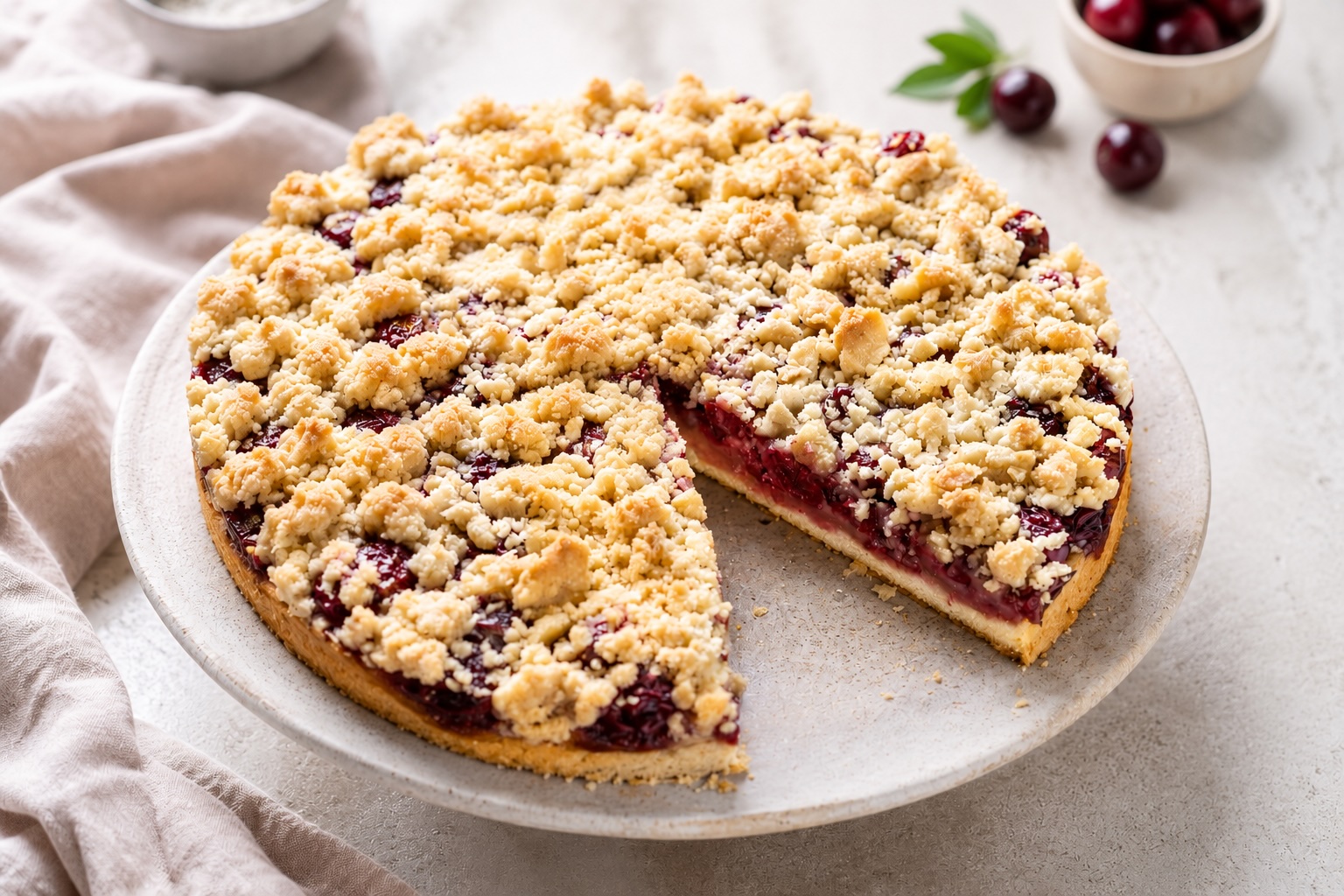 Glutenfreier Kirschkuchen mit Streuseln, laktosefrei nach Wahl, hefefrei – Rezept aus dem Maisterei Magazin (KI-bearbeitet)